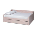 Canapé-lit capitonné en velours rose / marine / gris avec lit gigogne escamotable, 2 couchages, style contemporain