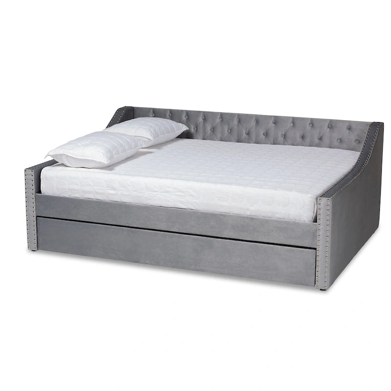 Canapé-lit capitonné en velours rose / marine / gris avec lit gigogne escamotable, 2 couchages, style contemporain