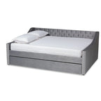 Canapé-lit capitonné en velours rose / marine / gris avec lit gigogne escamotable, 2 couchages, style contemporain