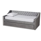 Canapé-lit capitonné en velours rose / marine / gris avec lit gigogne escamotable, 2 couchages, style contemporain