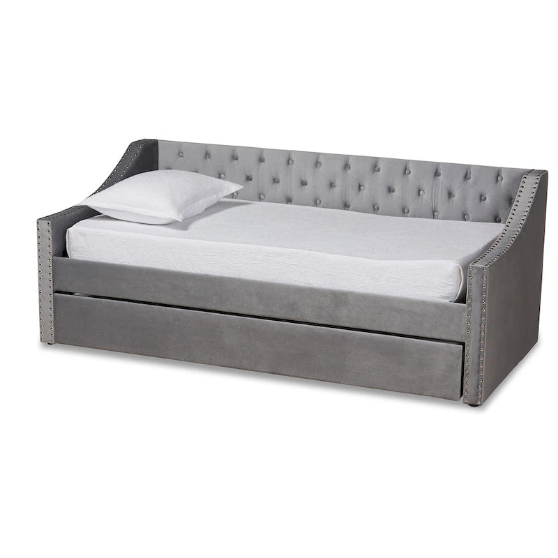 Canapé-lit capitonné en velours rose / marine / gris avec lit gigogne escamotable, 2 couchages, style contemporain
