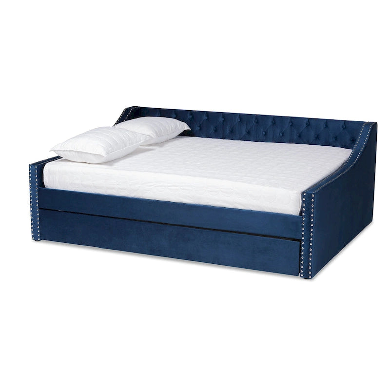 Canapé-lit capitonné en velours rose / marine / gris avec lit gigogne escamotable, 2 couchages, style contemporain
