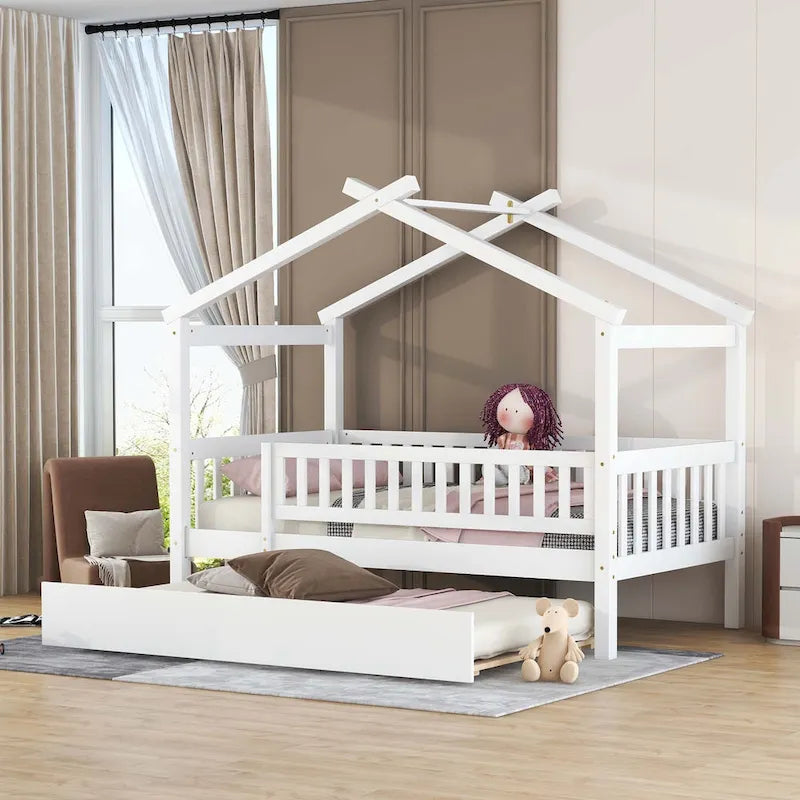 Lit plate-forme cabane pour enfants avec lit gigogne – Gris/Naturel/Noyer/Blanc, Jumeau/Double, 2 couchages