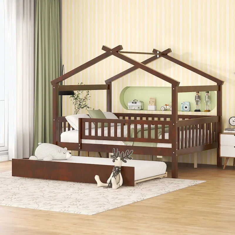 Lit plate-forme cabane pour enfants avec lit gigogne – Gris/Naturel/Noyer/Blanc, Jumeau/Double, 2 couchages