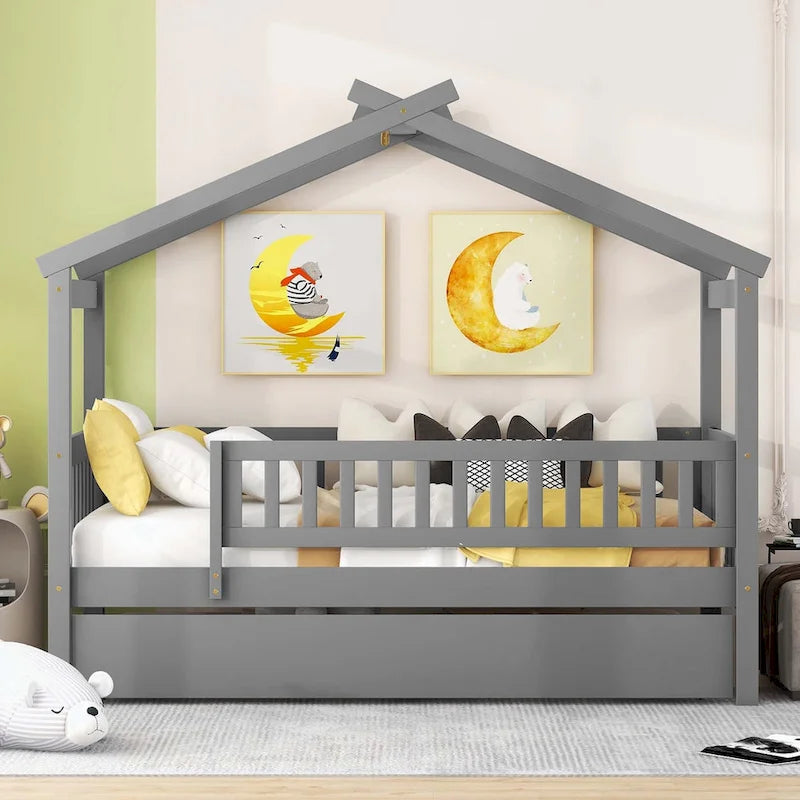 Lit plate-forme cabane pour enfants avec lit gigogne – Gris/Naturel/Noyer/Blanc, Jumeau/Double, 2 couchages