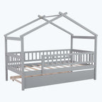Lit plate-forme cabane pour enfants avec lit gigogne – Gris/Naturel/Noyer/Blanc, Jumeau/Double, 2 couchages