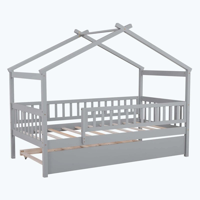 Lit plate-forme cabane pour enfants avec lit gigogne – Gris/Naturel/Noyer/Blanc, Jumeau/Double, 2 couchages