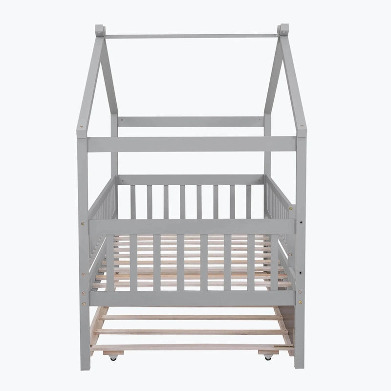 Lit plate-forme cabane pour enfants avec lit gigogne – Gris/Naturel/Noyer/Blanc, Jumeau/Double, 2 couchages