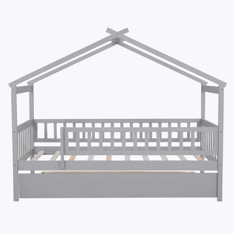 Lit plate-forme cabane pour enfants avec lit gigogne – Gris/Naturel/Noyer/Blanc, Jumeau/Double, 2 couchages