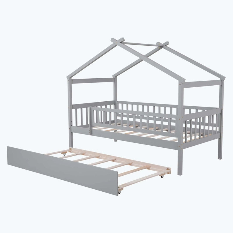 Lit plate-forme cabane pour enfants avec lit gigogne – Gris/Naturel/Noyer/Blanc, Jumeau/Double, 2 couchages