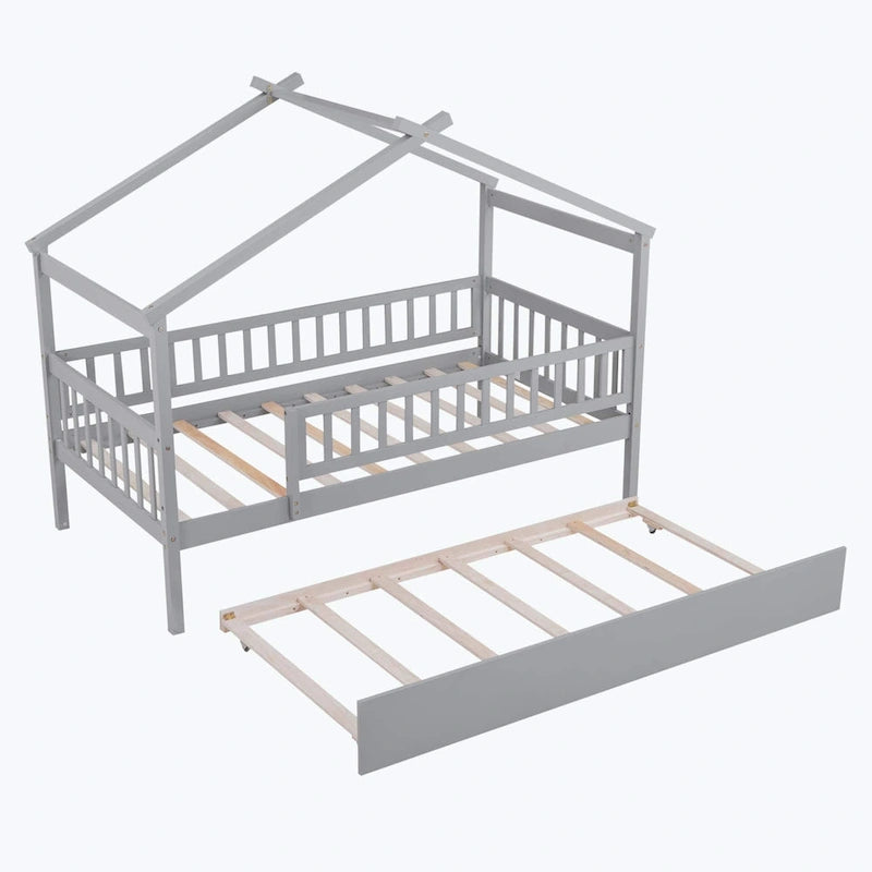 Lit plate-forme cabane pour enfants avec lit gigogne – Gris/Naturel/Noyer/Blanc, Jumeau/Double, 2 couchages