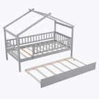 Lit plate-forme cabane pour enfants avec lit gigogne – Gris/Naturel/Noyer/Blanc, Jumeau/Double, 2 couchages