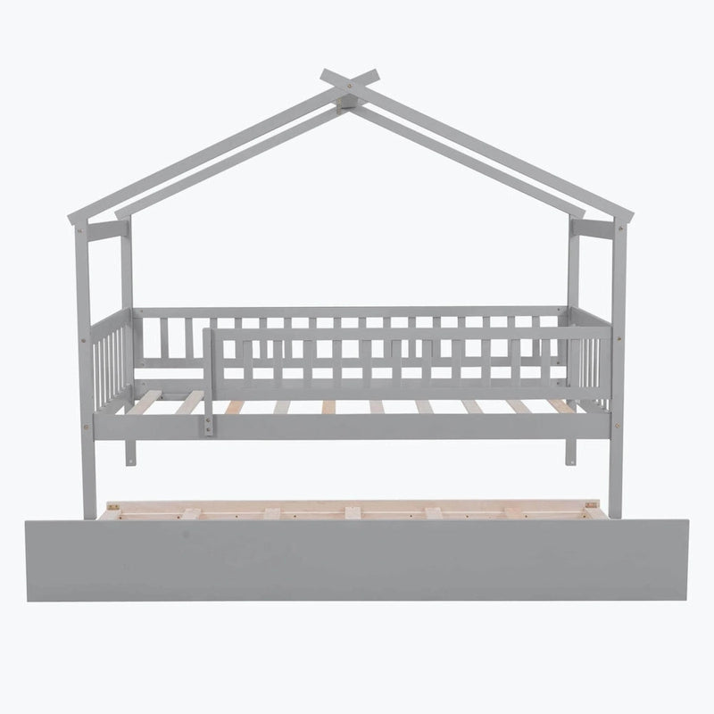 Lit plate-forme cabane pour enfants avec lit gigogne – Gris/Naturel/Noyer/Blanc, Jumeau/Double, 2 couchages