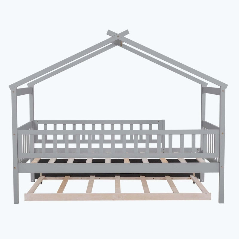 Lit plate-forme cabane pour enfants avec lit gigogne – Gris/Naturel/Noyer/Blanc, Jumeau/Double, 2 couchages