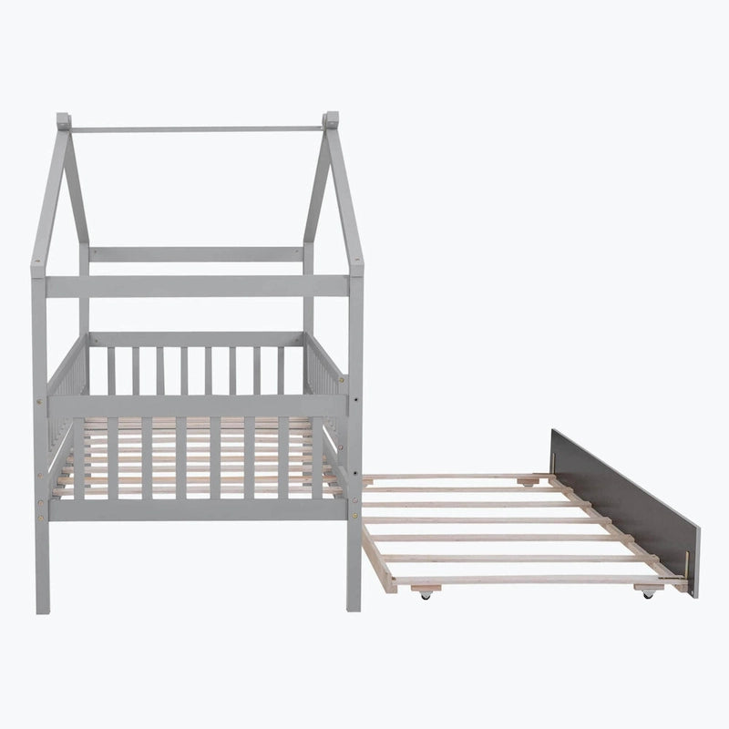 Lit plate-forme cabane pour enfants avec lit gigogne – Gris/Naturel/Noyer/Blanc, Jumeau/Double, 2 couchages
