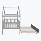 Lit plate-forme cabane pour enfants avec lit gigogne – Gris/Naturel/Noyer/Blanc, Jumeau/Double, 2 couchages