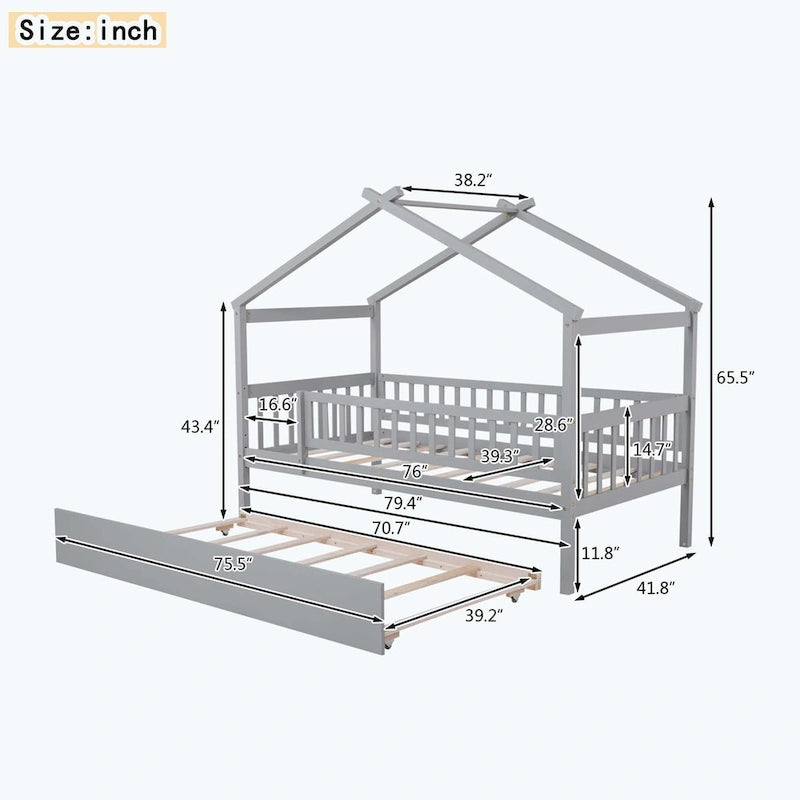Lit plate-forme cabane pour enfants avec lit gigogne – Gris/Naturel/Noyer/Blanc, Jumeau/Double, 2 couchages