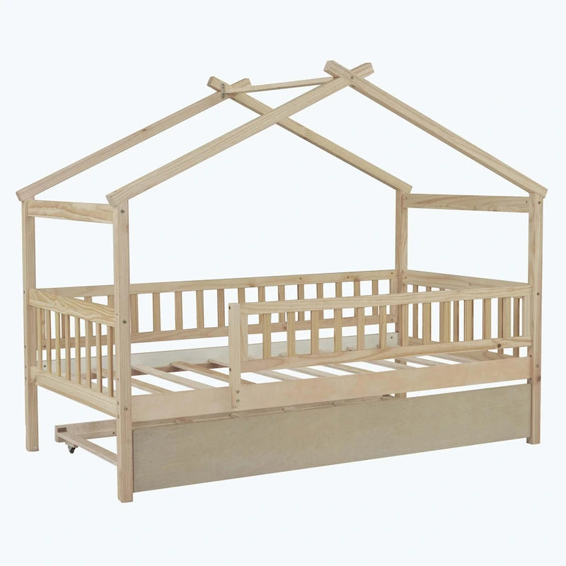 Lit plate-forme cabane pour enfants avec lit gigogne – Gris/Naturel/Noyer/Blanc, Jumeau/Double, 2 couchages