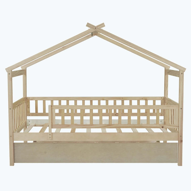 Lit plate-forme cabane pour enfants avec lit gigogne – Gris/Naturel/Noyer/Blanc, Jumeau/Double, 2 couchages