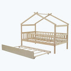 Lit plate-forme cabane pour enfants avec lit gigogne – Gris/Naturel/Noyer/Blanc, Jumeau/Double, 2 couchages
