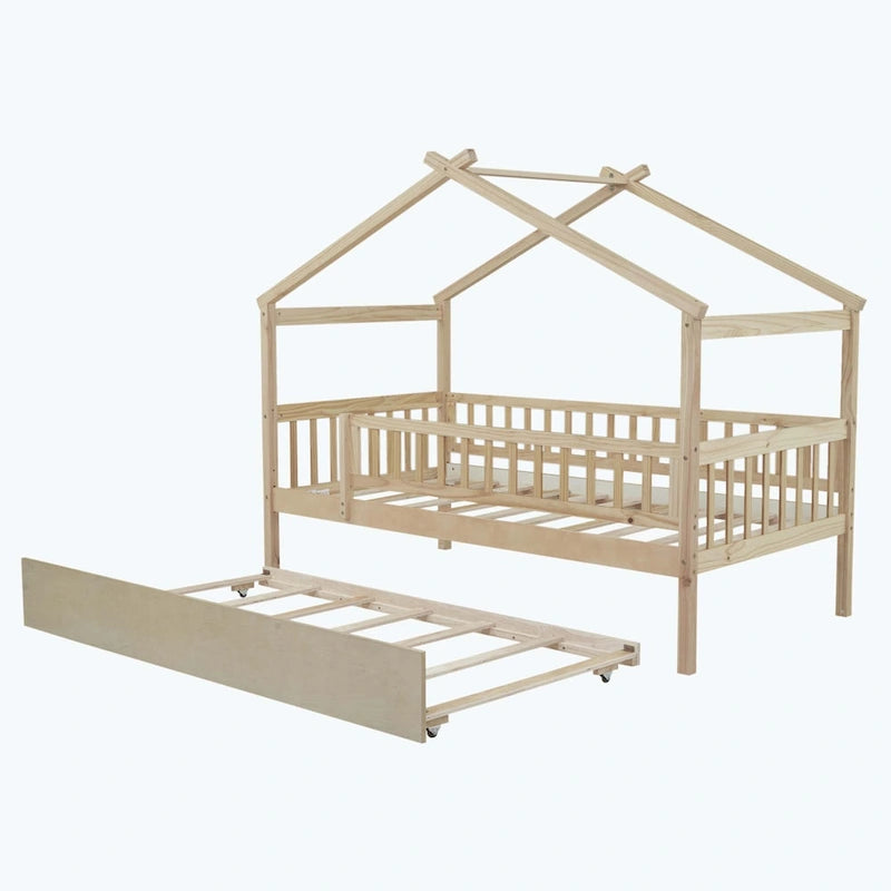 Lit plate-forme cabane pour enfants avec lit gigogne – Gris/Naturel/Noyer/Blanc, Jumeau/Double, 2 couchages