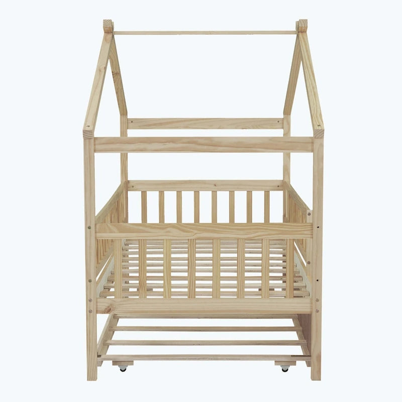 Lit plate-forme cabane pour enfants avec lit gigogne – Gris/Naturel/Noyer/Blanc, Jumeau/Double, 2 couchages