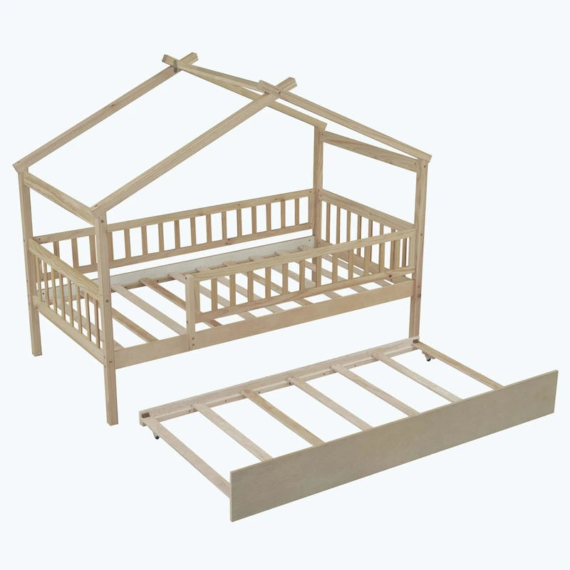 Lit plate-forme cabane pour enfants avec lit gigogne – Gris/Naturel/Noyer/Blanc, Jumeau/Double, 2 couchages