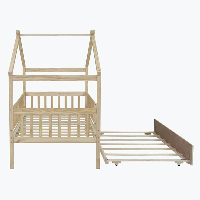 Lit plate-forme cabane pour enfants avec lit gigogne – Gris/Naturel/Noyer/Blanc, Jumeau/Double, 2 couchages