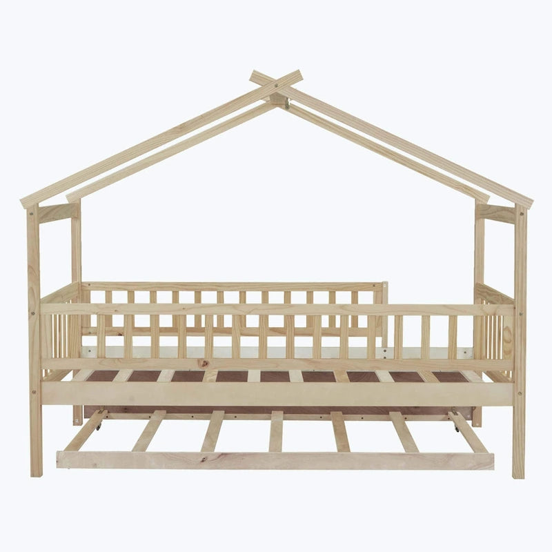 Lit plate-forme cabane pour enfants avec lit gigogne – Gris/Naturel/Noyer/Blanc, Jumeau/Double, 2 couchages