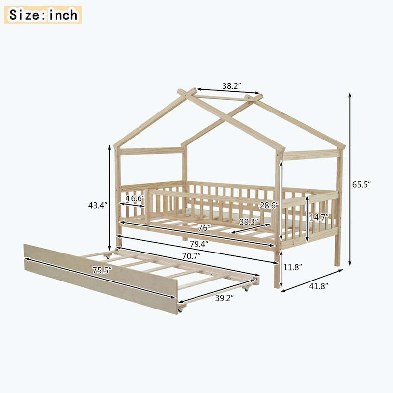 Lit plate-forme cabane pour enfants avec lit gigogne – Gris/Naturel/Noyer/Blanc, Jumeau/Double, 2 couchages