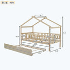 Lit plate-forme cabane pour enfants avec lit gigogne – Gris/Naturel/Noyer/Blanc, Jumeau/Double, 2 couchages