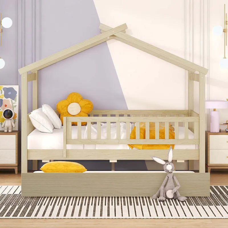 Lit plate-forme cabane pour enfants avec lit gigogne – Gris/Naturel/Noyer/Blanc, Jumeau/Double, 2 couchages