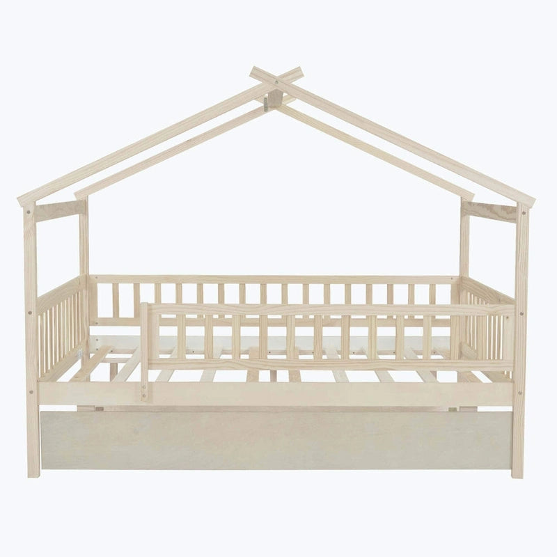 Lit plate-forme cabane pour enfants avec lit gigogne – Gris/Naturel/Noyer/Blanc, Jumeau/Double, 2 couchages