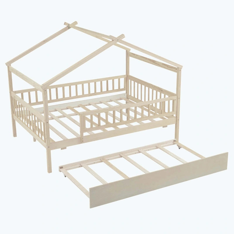 Lit plate-forme cabane pour enfants avec lit gigogne – Gris/Naturel/Noyer/Blanc, Jumeau/Double, 2 couchages