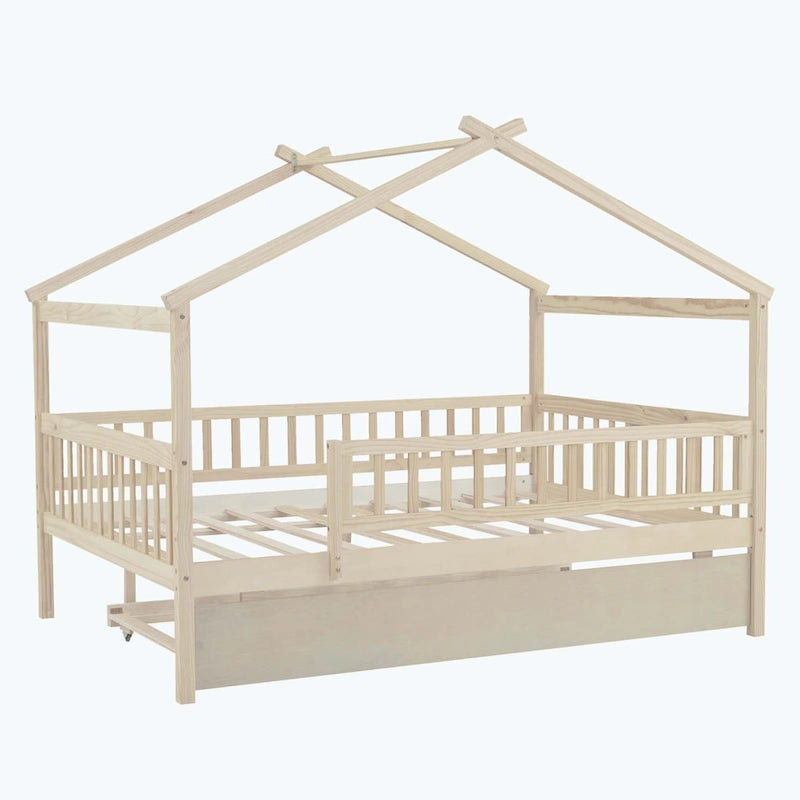 Lit plate-forme cabane pour enfants avec lit gigogne – Gris/Naturel/Noyer/Blanc, Jumeau/Double, 2 couchages