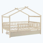 Lit plate-forme cabane pour enfants avec lit gigogne – Gris/Naturel/Noyer/Blanc, Jumeau/Double, 2 couchages