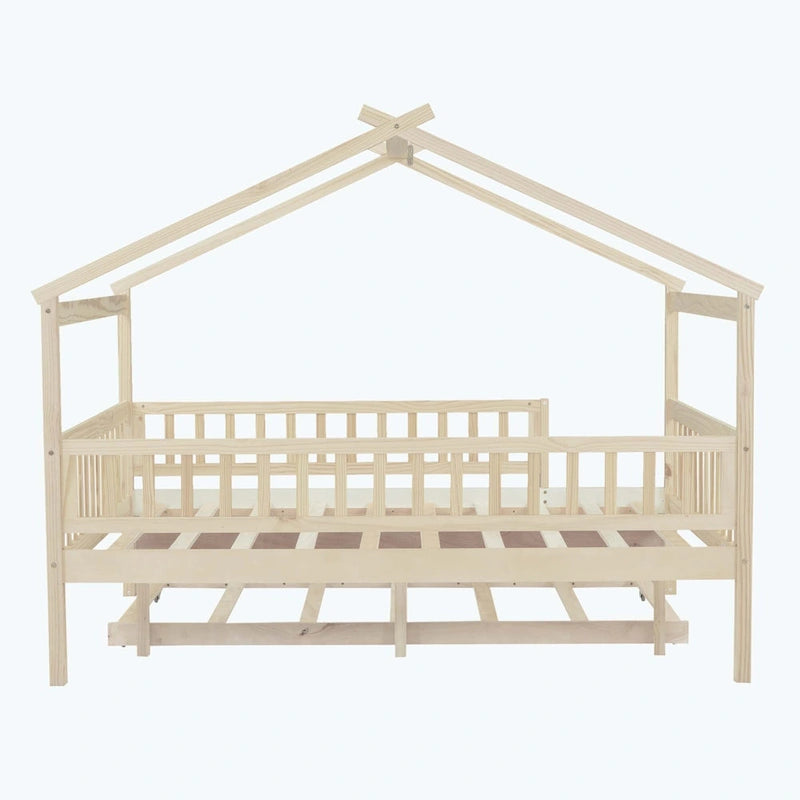 Lit plate-forme cabane pour enfants avec lit gigogne – Gris/Naturel/Noyer/Blanc, Jumeau/Double, 2 couchages
