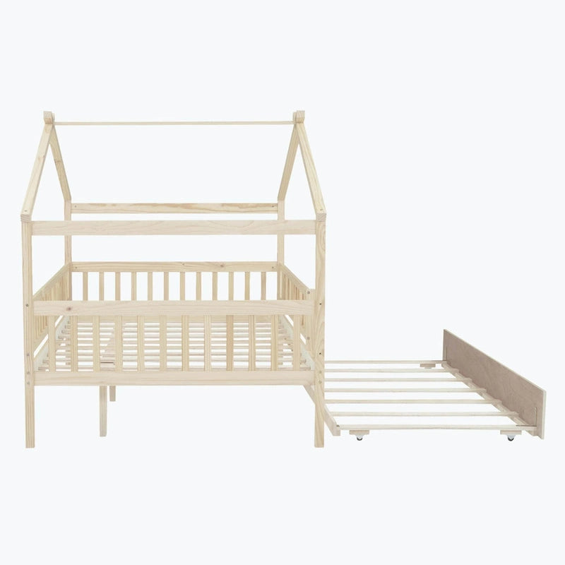 Lit plate-forme cabane pour enfants avec lit gigogne – Gris/Naturel/Noyer/Blanc, Jumeau/Double, 2 couchages