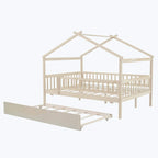 Lit plate-forme cabane pour enfants avec lit gigogne – Gris/Naturel/Noyer/Blanc, Jumeau/Double, 2 couchages