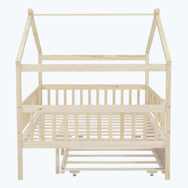 Lit plate-forme cabane pour enfants avec lit gigogne – Gris/Naturel/Noyer/Blanc, Jumeau/Double, 2 couchages