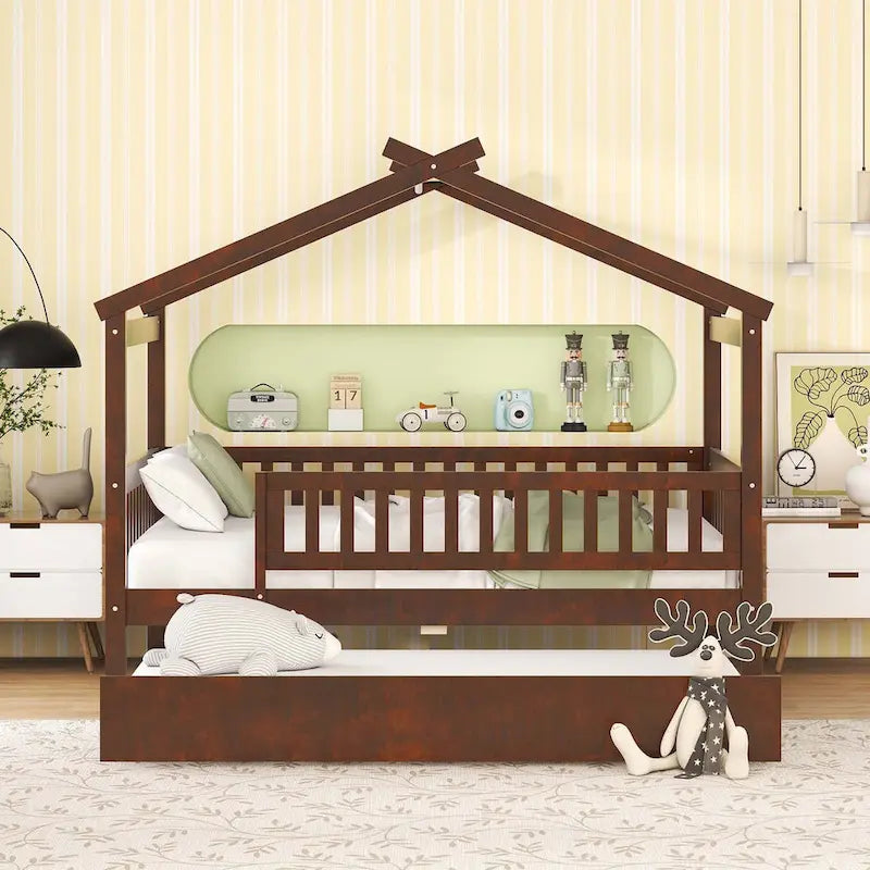 Lit plate-forme cabane pour enfants avec lit gigogne – Gris/Naturel/Noyer/Blanc, Jumeau/Double, 2 couchages