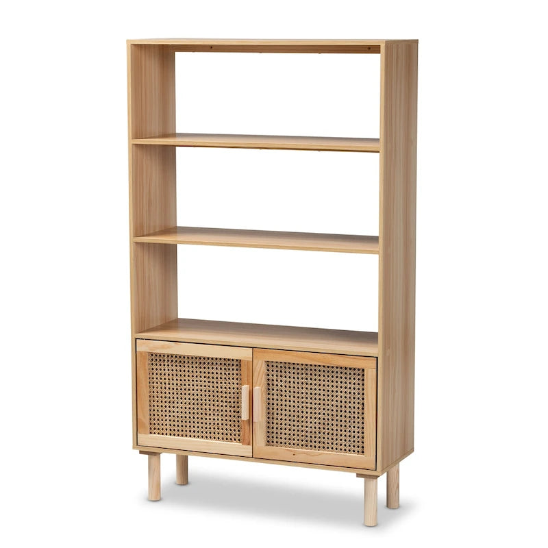 Bibliothèque mi-siècle beige et marron naturel avec accents en rotin – Assemblage par 1 personne