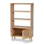 Bibliothèque mi-siècle beige et marron naturel avec accents en rotin – Assemblage par 1 personne