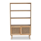 Bibliothèque mi-siècle beige et marron naturel avec accents en rotin – Assemblage par 1 personne