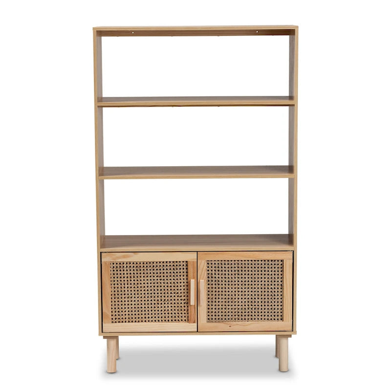 Bibliothèque mi-siècle beige et marron naturel avec accents en rotin – Assemblage par 1 personne