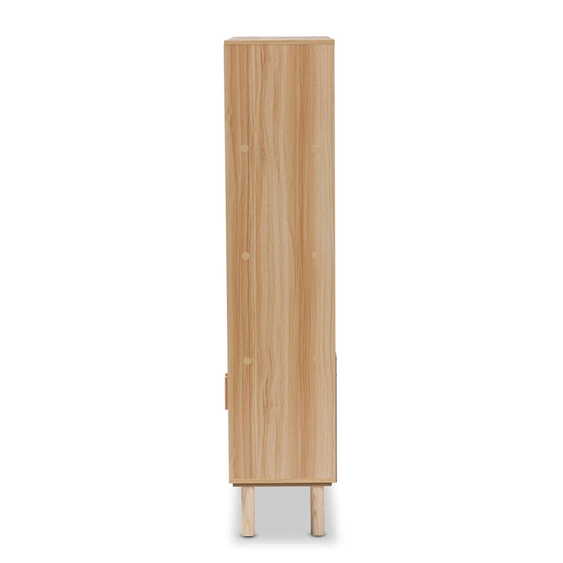 Bibliothèque mi-siècle beige et marron naturel avec accents en rotin – Assemblage par 1 personne