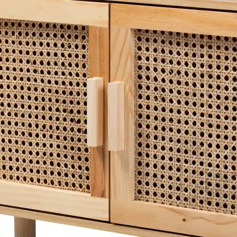 Bibliothèque mi-siècle beige et marron naturel avec accents en rotin – Assemblage par 1 personne