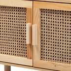 Bibliothèque mi-siècle beige et marron naturel avec accents en rotin – Assemblage par 1 personne