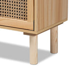 Bibliothèque mi-siècle beige et marron naturel avec accents en rotin – Assemblage par 1 personne