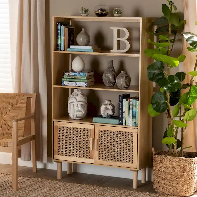 Bibliothèque mi-siècle beige et marron naturel avec accents en rotin – Assemblage par 1 personne